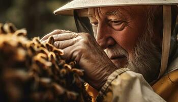 Sénior agriculteur en portant paille chapeau dans la nature généré par ai photo