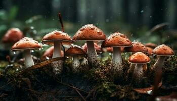 Pointé mouche agaric champignon grandit dans forêt généré par ai photo