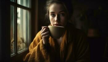 caucasien femme jouit chaud boisson par fenêtre généré par ai photo
