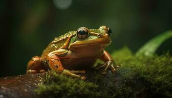 vert regardé arbre grenouille séance sur humide feuille généré par ai photo