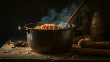 rustique soupe bol, cuit plus de ouvert flamme généré par ai photo