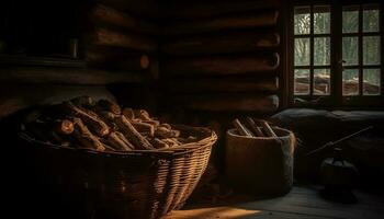 rustique bois de chauffage four chaleurs fait maison repas à l'intérieur généré par ai photo