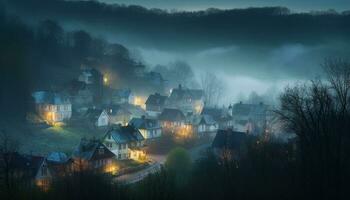 effrayant brouillard haubans vieux forêt cabane mystère généré par ai photo