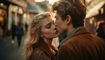 Jeune couple dans aimer, embrassement et embrasser généré par ai photo