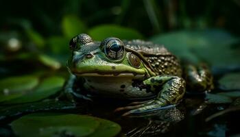 vert crapaud séance sur humide feuille, à la recherche généré par ai photo