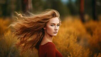 magnifique Jeune femme jouit la nature Naturel beauté généré par ai photo