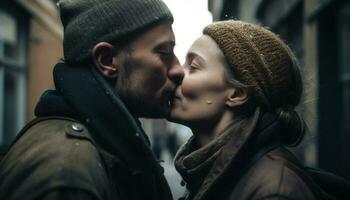 souriant Jeune couple embrasse dans hiver la nature généré par ai photo