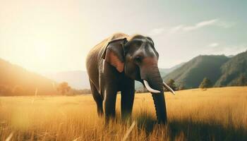 l'éléphant en marchant dans le ensoleillé prairie généré par ai photo