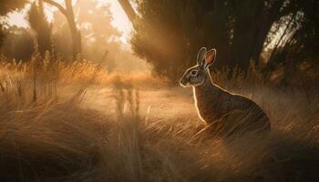 mignonne lapin dans herbe, rétro-éclairé par Soleil généré par ai photo