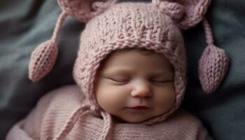 mignonne nouveau née fille en train de dormir dans chaud tricoter chapeau généré par ai photo