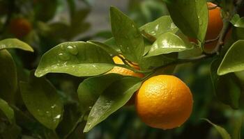 mûr agrumes des fruits laissez tomber de humide branche généré par ai photo