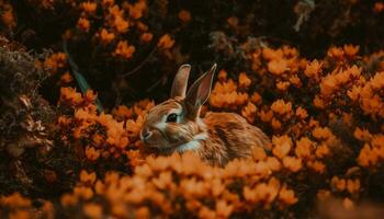 duveteux lapin est assis dans vert prairie, mignonne généré par ai photo