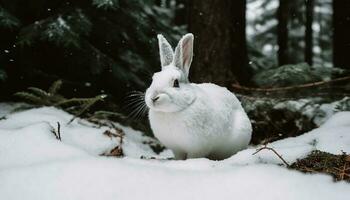 duveteux lièvre séance dans neige, à la recherche mignonne généré par ai photo