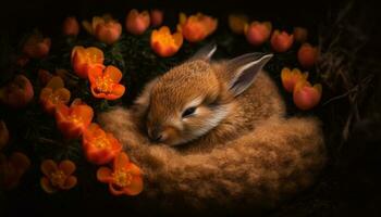 duveteux bébé lapin est assis parmi printemps tulipes généré par ai photo