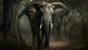 grand africain l'éléphant veau en marchant dans tropical forêt généré par ai photo
