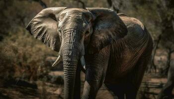 africain l'éléphant en marchant dans tranquille région sauvage zone généré par ai photo