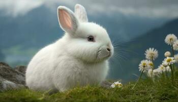 duveteux bébé lapin séance dans vert Prairie généré par ai photo