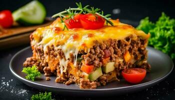 une gourmet lasagne assiette avec bœuf, mozzarella, et bolognaise sauce, servi avec une en bonne santé salade et Frais pain garnir généré par ai photo