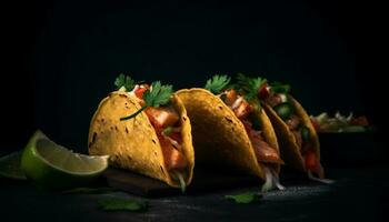 grillé du boeuf taco avec Frais guacamole et coriandre généré par ai photo