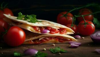 fraîchement grillé du boeuf taco sur rustique en bois assiette généré par ai photo