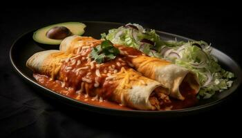 gourmet taco assiette avec Frais Viande et des légumes généré par ai photo