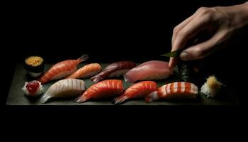 Frais Fruit de mer repas sur plaque, Japonais culture généré par ai photo