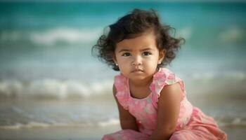 mignonne frisé aux cheveux fille souriant, profiter été vacances généré par ai photo