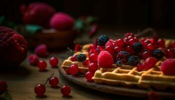 une rustique gaufre empiler, Frais baie indulgence généré par ai photo