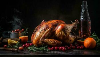 rustique dinde rôti avec grillé des légumes et herbes généré par ai photo