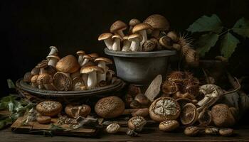 Frais l'automne forêt panier comestible champignon, légume, plante généré par ai photo