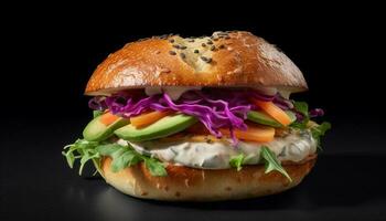 Frais grillé Burger sur pain ciabatta avec des légumes généré par ai photo
