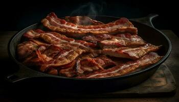 fumé Bacon cuit dans jeter le fer la poêle généré par ai photo
