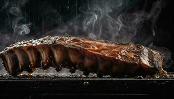 grillé porc steak, cuit à la perfection plus de flamme généré par ai photo