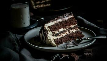 indulgent Chocolat dessert sur en bois assiette avec fourchette généré par ai photo