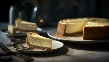 une décadent tranche de fait maison cheesecake indulgence généré par ai photo