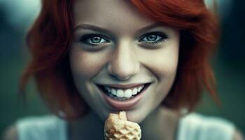 magnifique femme avec à pleines dents sourire en portant nourriture généré par ai photo
