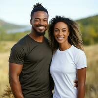 illustration de une couple mode portrait avec plaine T-shirt maquette, ai généré photo