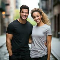 illustration de une couple mode portrait avec plaine T-shirt maquette, ai généré photo