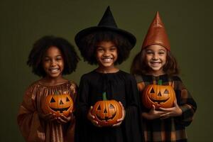 un illustration de les enfants portant une Halloween costume , ai généré photo