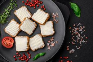 délicieux salé rectangulaire blé Croûtons avec crème fromage et tomates photo