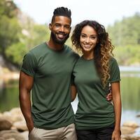 illustration de une couple mode portrait avec plaine T-shirt maquette, ai généré photo