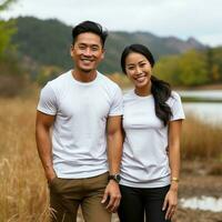 illustration de une couple mode portrait avec plaine T-shirt maquette, ai généré photo