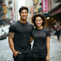 illustration de une couple mode portrait avec plaine T-shirt maquette, ai généré photo