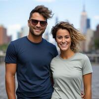 illustration de une couple mode portrait avec plaine T-shirt maquette, ai généré photo