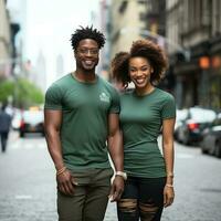 illustration de une couple mode portrait avec plaine T-shirt maquette, ai généré photo