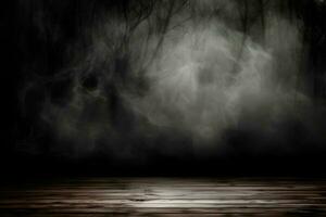 grunge foncé Contexte. mur de brouillard et en bois sol. génératif ai photo