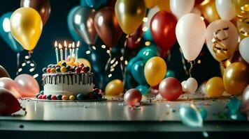 anniversaire et anniversaire gâteau fête avec des ballons et fête décoration photo