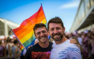 deux Hommes avec lgbt drapeaux à le gay fierté manifestation. ai généré photo