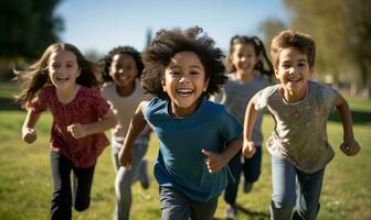 groupe de diverse de bonne humeur amusement content Multi-éthnique les enfants en plein air. ai généré photo