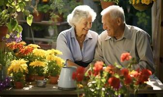 vieux gens couple dans Accueil jardin. ai généré photo